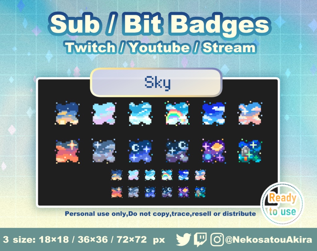 ドット絵「空」バッジ Twitch Sub Badges x12 - Bit Badges / Pixel Art / Cute sub badges / Kawaii / Streamer