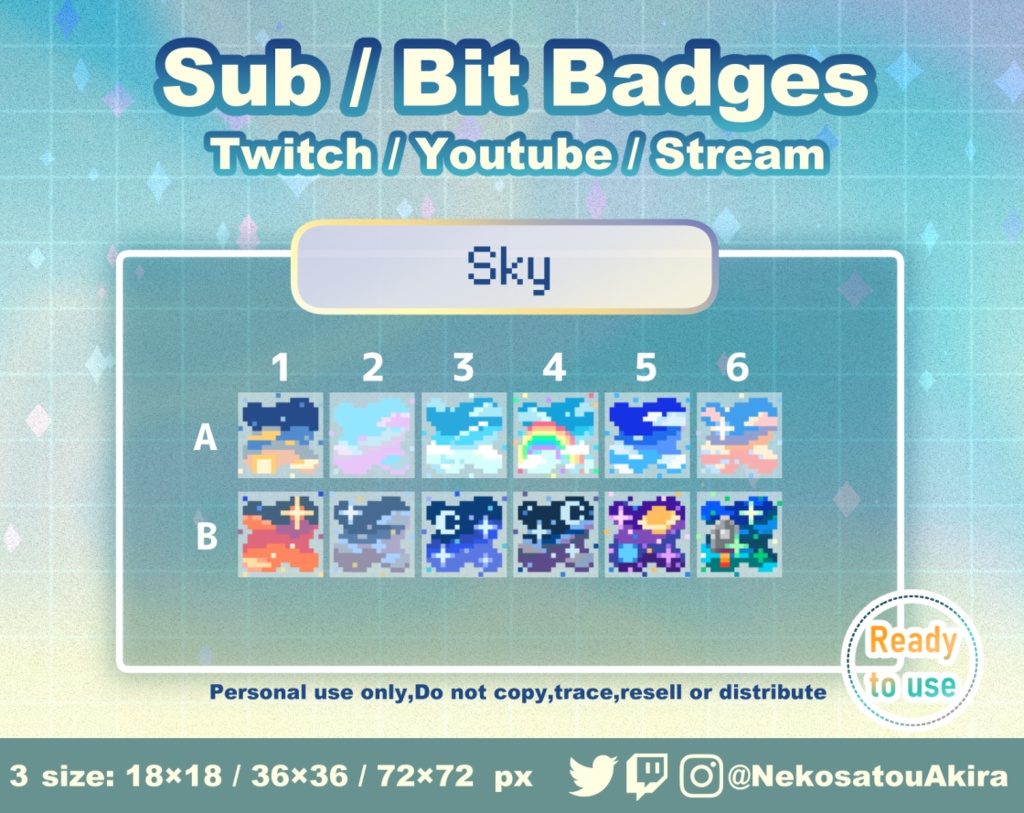 ドット絵「空」バッジ Twitch Sub Badges x12 - Bit Badges / Pixel Art / Cute sub badges / Kawaii / Streamer
