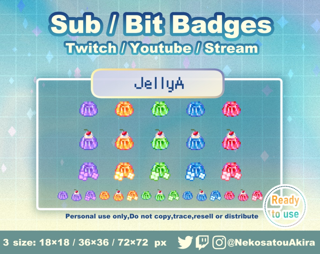 ドット絵「ゼリーA」バッジ Twitch Sub Badges x15 - Bit Badges / Pixel Art / Cute sub badges / Kawaii / Streamer
