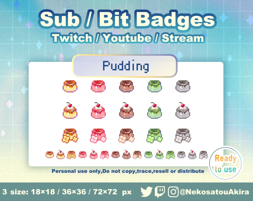 ドット絵「プリン」バッジ Twitch Sub Badges x15 - Bit Badges / Pixel Art / Cute sub badges / Kawaii / Streamer
