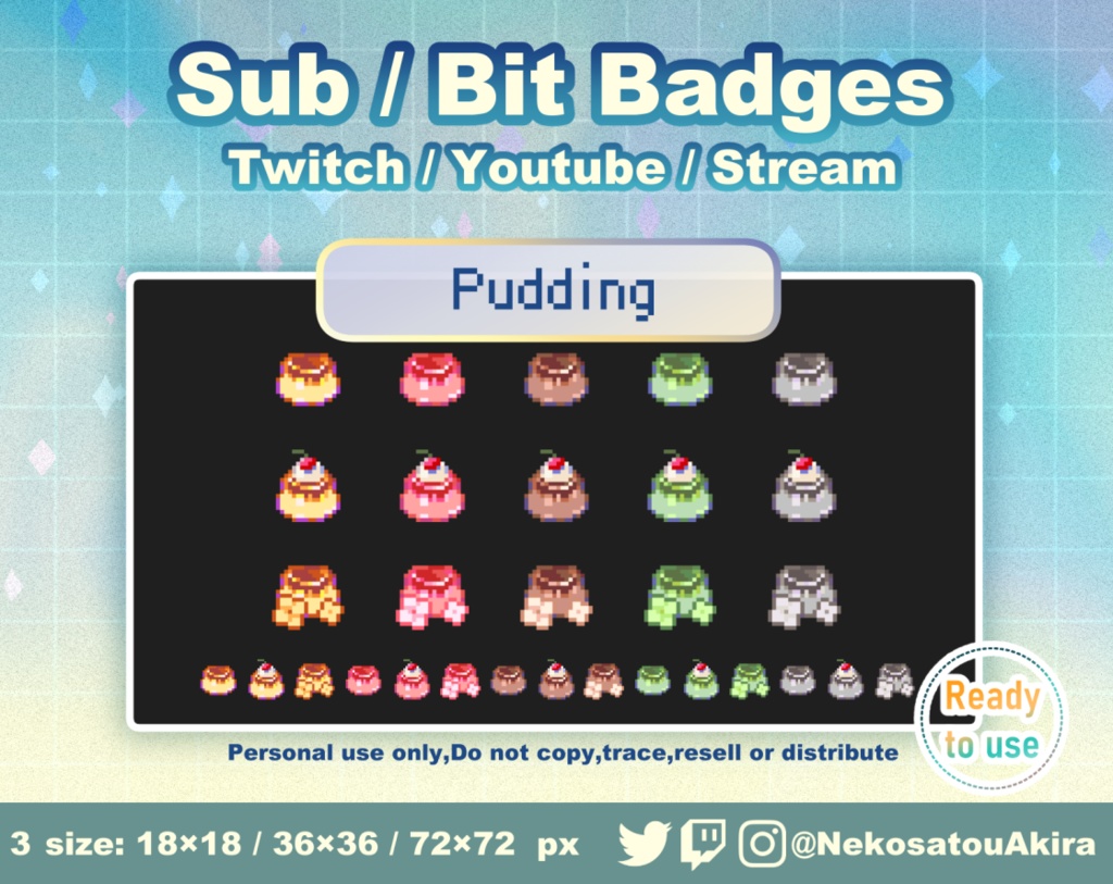 ドット絵「プリン」バッジ Twitch Sub Badges x15 - Bit Badges / Pixel Art / Cute sub badges / Kawaii / Streamer