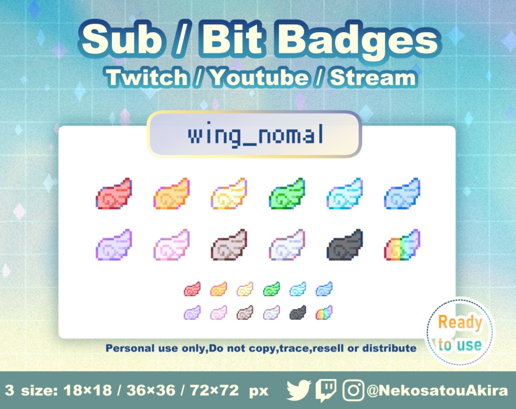 ドット絵「羽(ノーマル)」バッジ Twitch Sub Badges x12 - Bit Badges / Pixel Art / Cute sub badges / Kawaii / Streamer