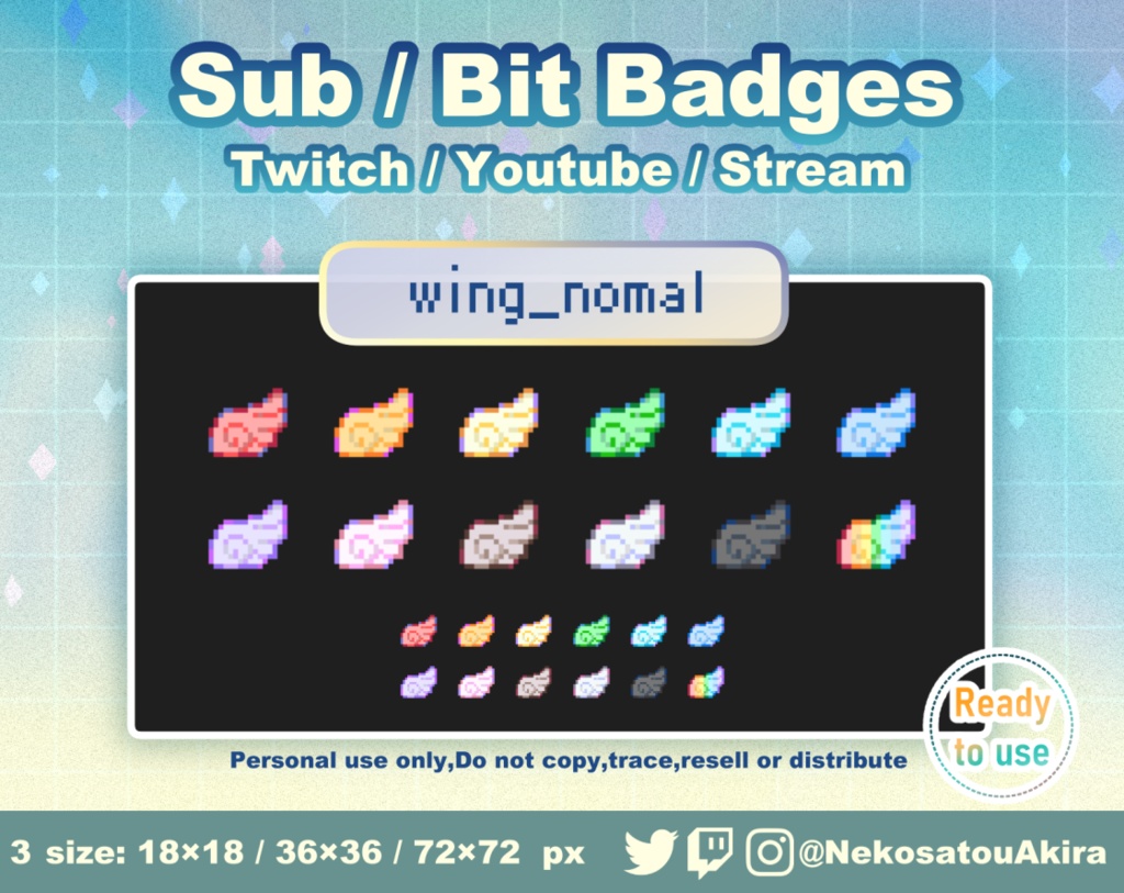 ドット絵「羽(ノーマル)」バッジ Twitch Sub Badges x12 - Bit Badges / Pixel Art / Cute sub badges / Kawaii / Streamer