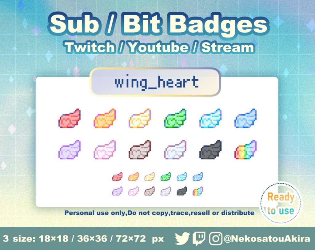 ドット絵「羽(ハート)」バッジ Twitch Sub Badges x12 - Bit Badges / Pixel Art / Cute sub badges / Kawaii / Streamer