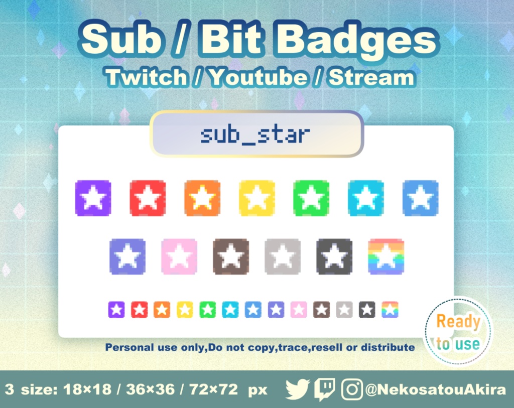 【無料配布】ドット絵「サブスクスター」バッジ Twitch Sub Badges x13 - Bit Badges / Pixel Art / Cute sub badges / Kawaii / Streamer