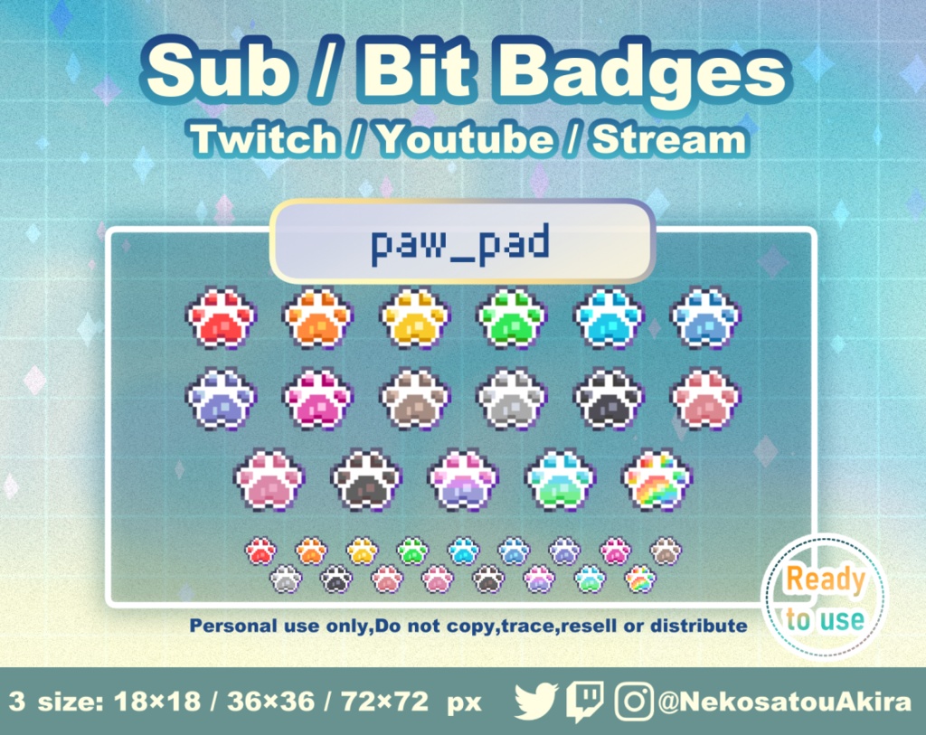 ドット絵「肉球」バッジ Twitch Sub Badges x17 - Bit Badges / Pixel Art / Cute sub badges / Kawaii / Streamer