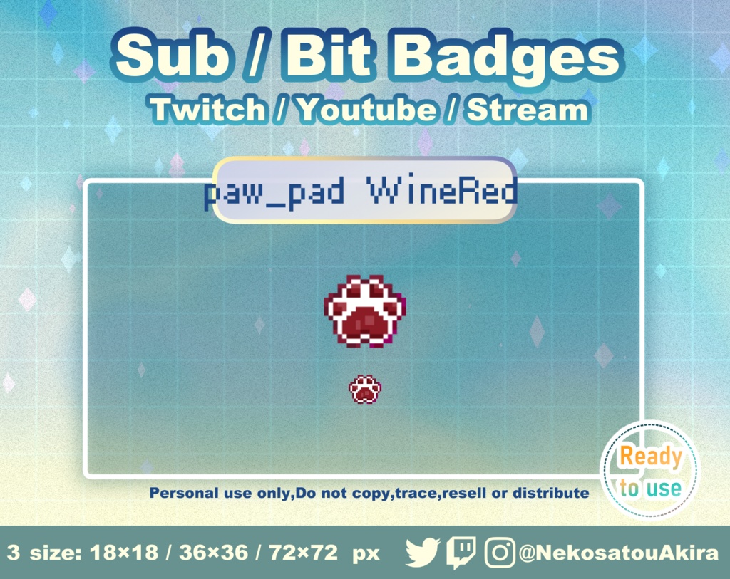 ★新色追加★ドット絵「肉球」バッジ Twitch Sub Badges x17 - Bit Badges / Pixel Art / Cute sub badges / Kawaii / Streamer