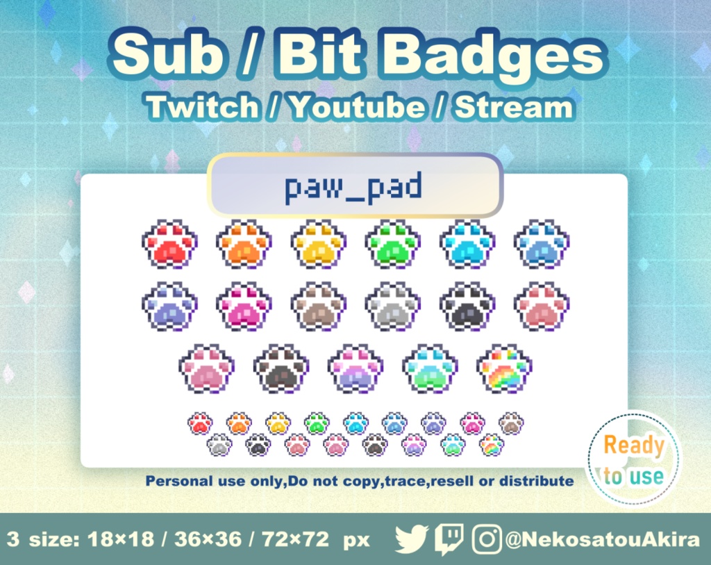 ドット絵「肉球」バッジ Twitch Sub Badges x17 - Bit Badges / Pixel Art / Cute sub badges / Kawaii / Streamer