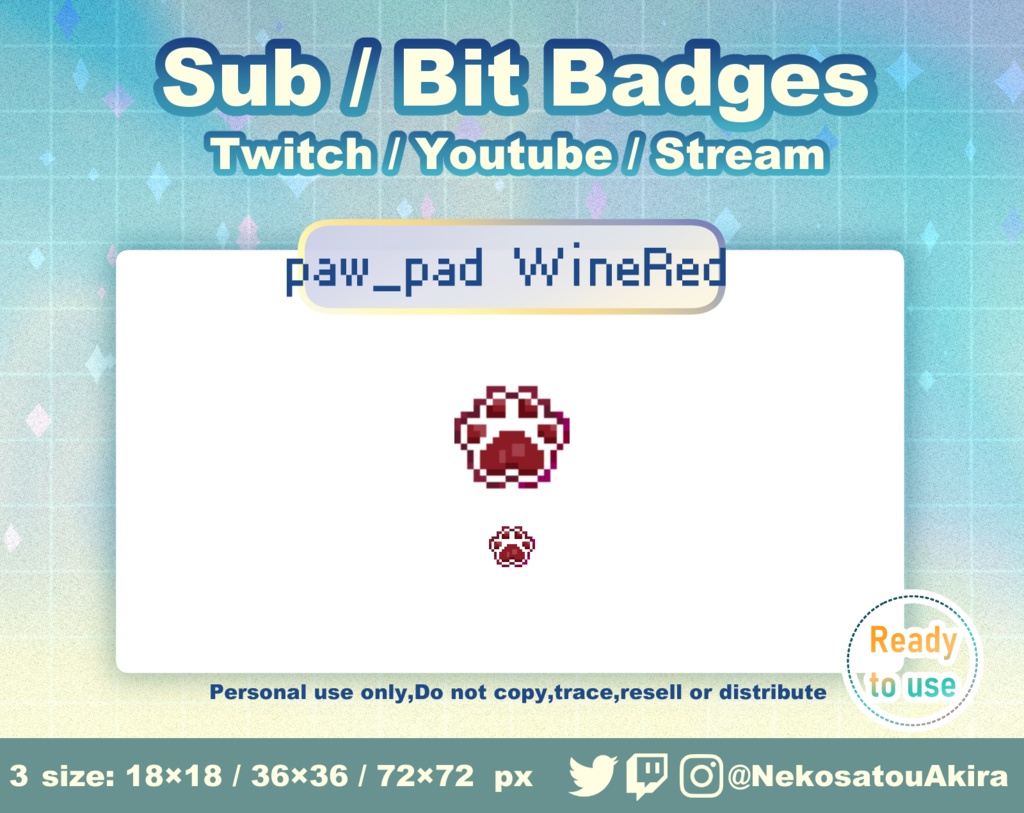 ★新色追加★ドット絵「肉球」バッジ Twitch Sub Badges x17 - Bit Badges / Pixel Art / Cute sub badges / Kawaii / Streamer
