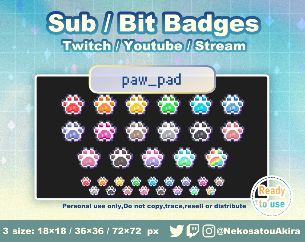 ドット絵「肉球」バッジ Twitch Sub Badges x17 - Bit Badges / Pixel Art / Cute sub badges / Kawaii / Streamer