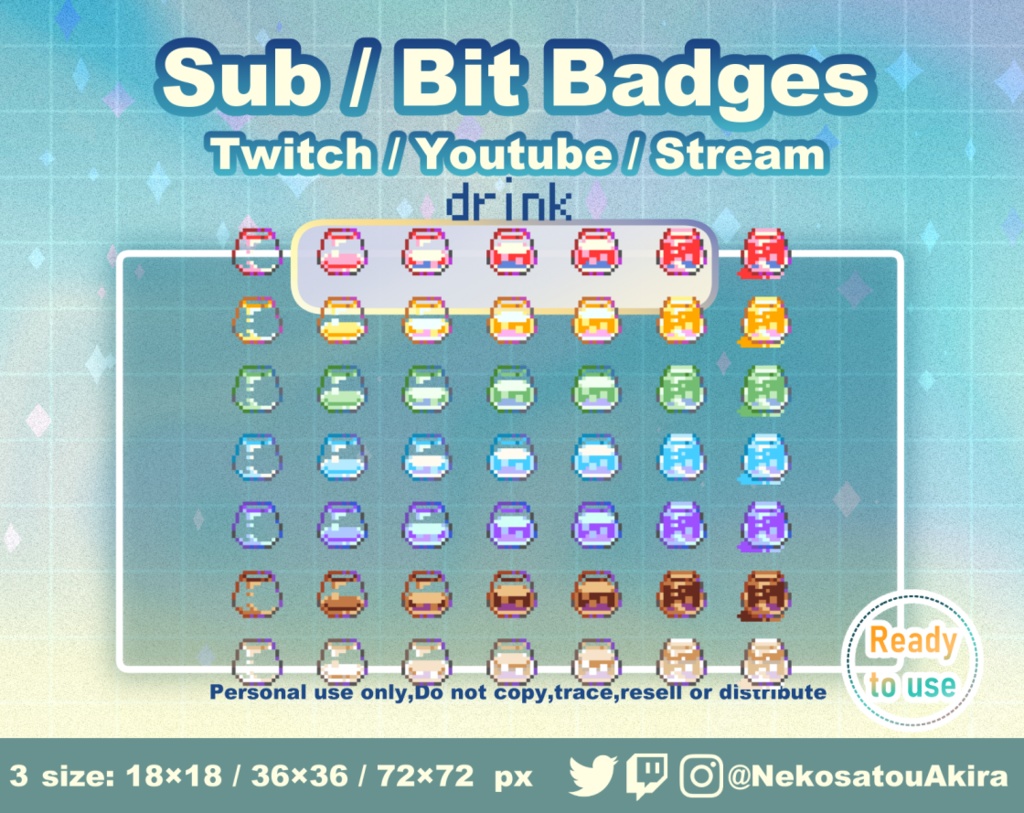 ドット絵「飲み物」バッジ Twitch Sub Badges x7 - Bit Badges / Pixel Art / Cute sub badges / Kawaii / Streamer