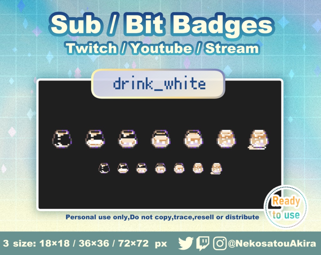 ドット絵「飲み物」バッジ Twitch Sub Badges x7 - Bit Badges / Pixel Art / Cute sub badges / Kawaii / Streamer
