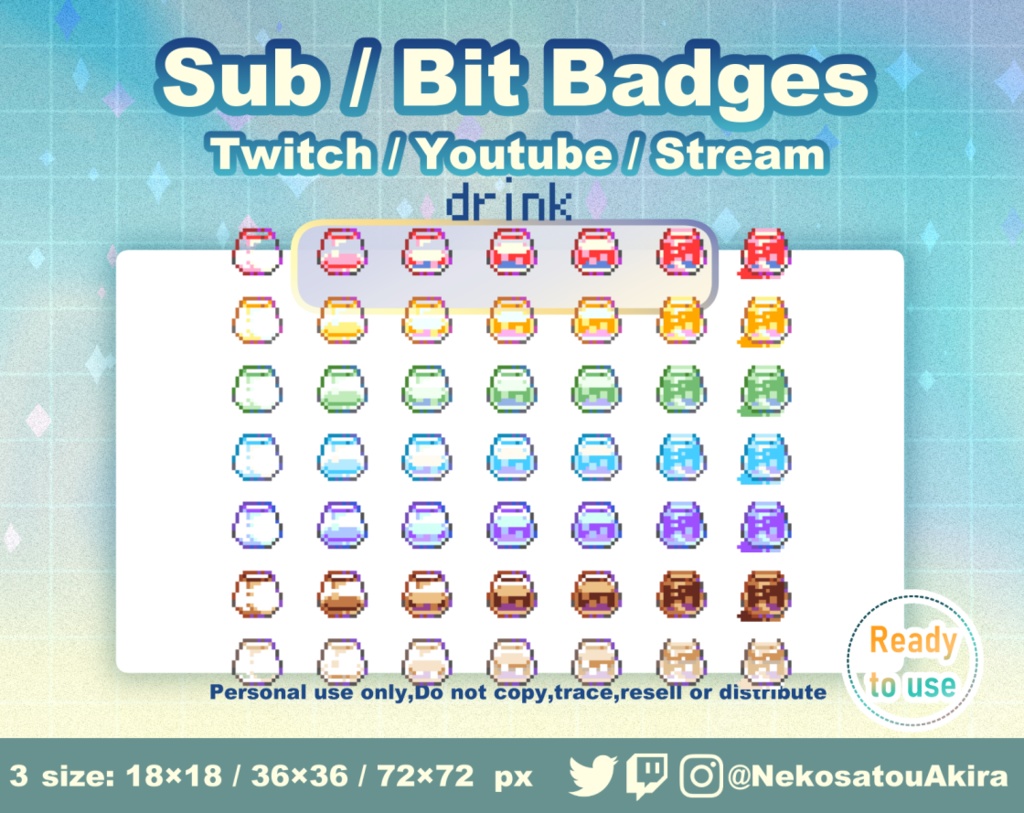 ドット絵「飲み物」バッジ Twitch Sub Badges x7 - Bit Badges / Pixel Art / Cute sub badges / Kawaii / Streamer