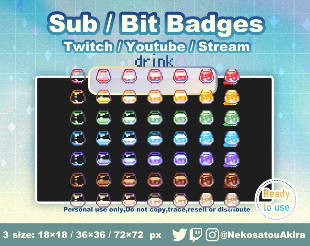 ドット絵「飲み物」バッジ Twitch Sub Badges x7 - Bit Badges / Pixel Art / Cute sub badges / Kawaii / Streamer