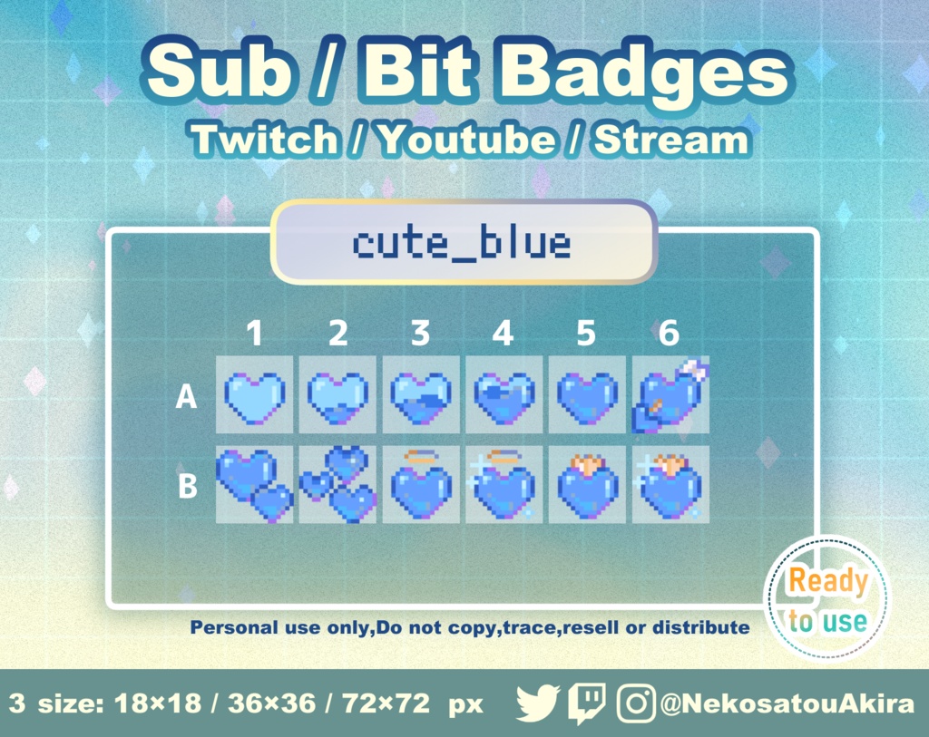ドット絵「キュート ブルー」バッジ Twitch Sub Badges x12 - Bit Badges / Pixel Art / Cute sub badges / Kawaii / Streamer