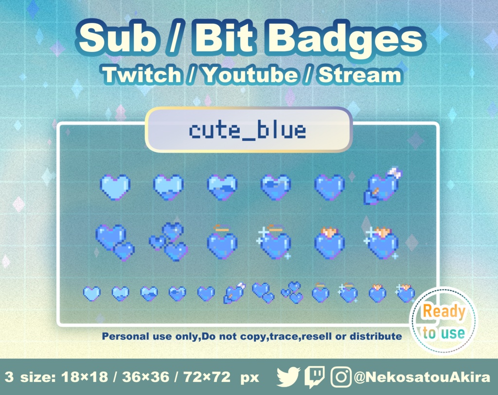 ドット絵「キュート ブルー」バッジ Twitch Sub Badges x12 - Bit Badges / Pixel Art / Cute sub badges / Kawaii / Streamer