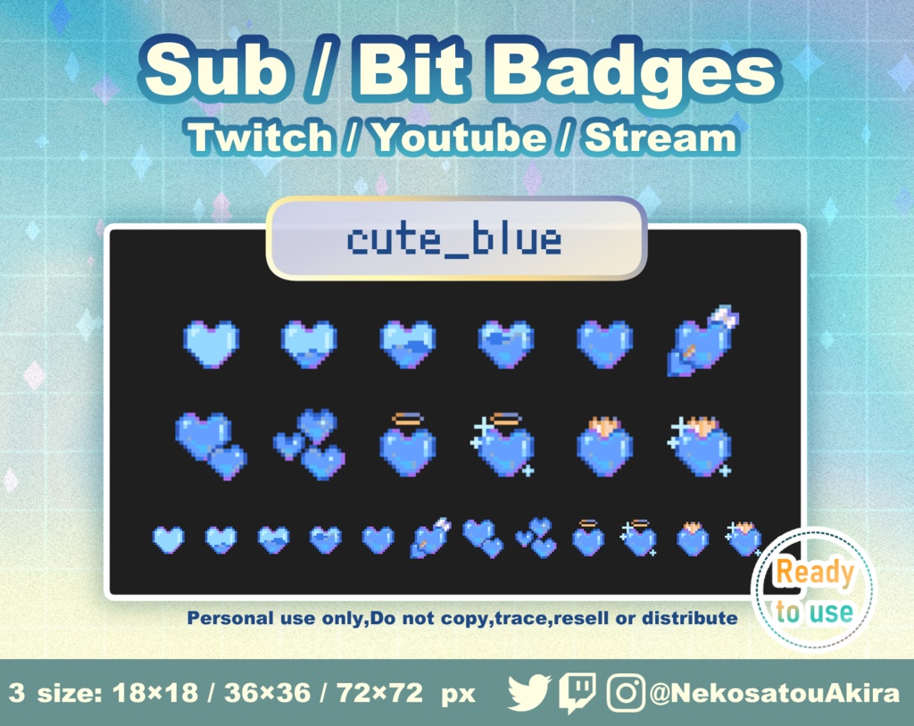 ドット絵「キュート ブルー」バッジ Twitch Sub Badges x12 - Bit Badges / Pixel Art / Cute sub badges / Kawaii / Streamer