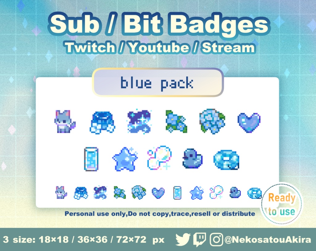 ★期間限定セール★ドット絵「青パック」バッジ Twitch Sub Badges x11 - Bit Badges / Pixel Art / Cute sub badges / Kawaii / Streamer