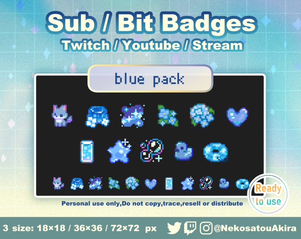 ★期間限定セール★ドット絵「青パック」バッジ Twitch Sub Badges x11 - Bit Badges / Pixel Art / Cute sub badges / Kawaii / Streamer