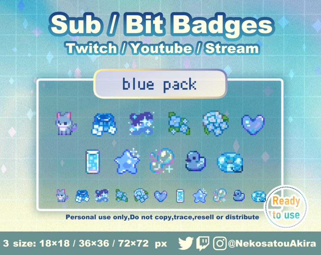 ★期間限定セール★ドット絵「青パック」バッジ　Twitch Sub Badges x11 - Bit Badges / Pixel Art / Cute sub badges / Kawaii / Streamer