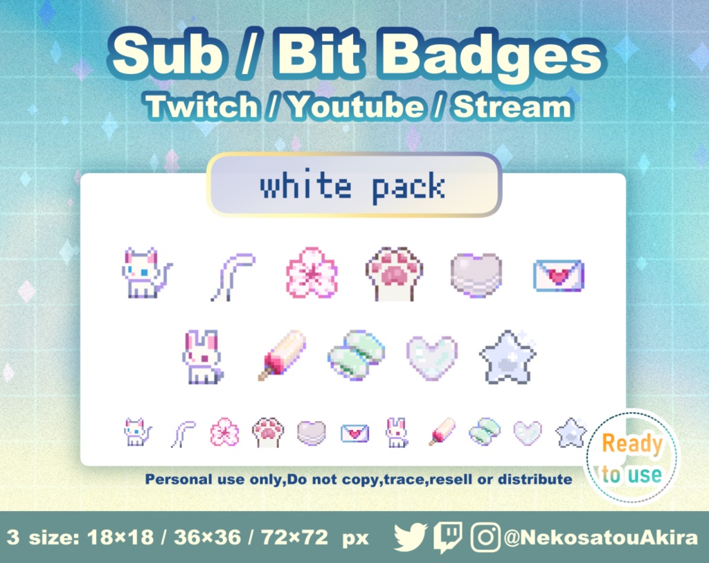 ★期間限定セール★ドット絵「白パック」バッジ Twitch Sub Badges x11 - Bit Badges / Pixel Art / Cute sub badges / Kawaii / Streamer