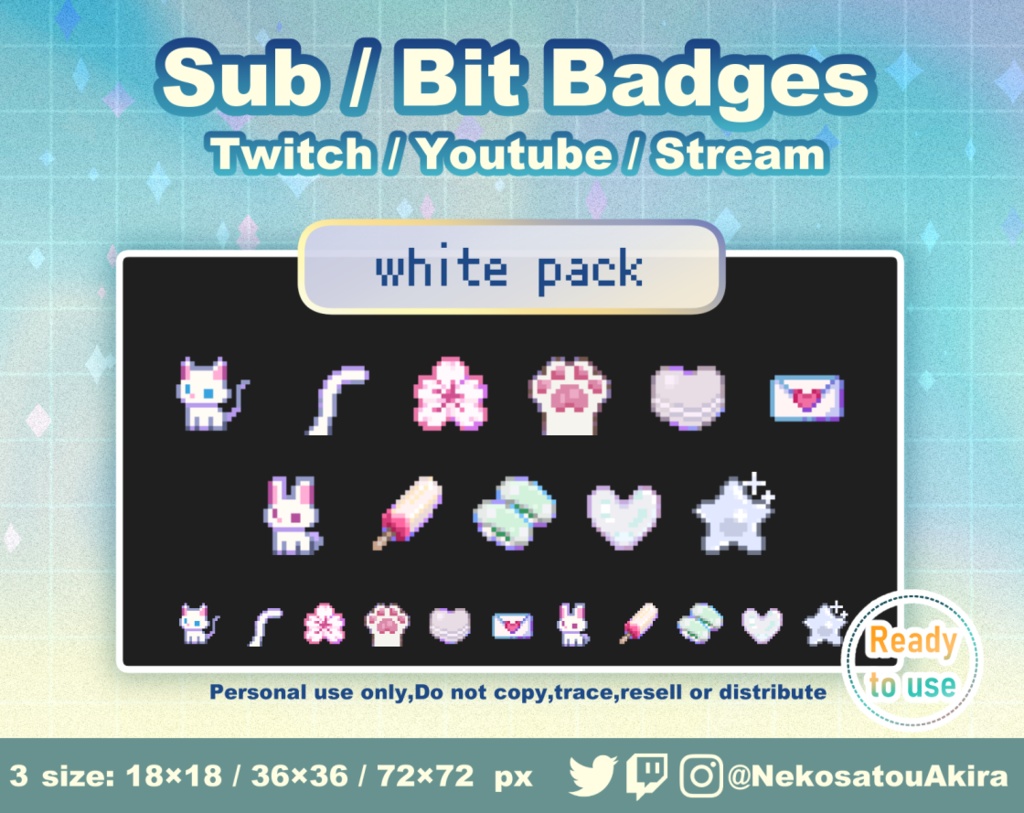 ★期間限定セール★ドット絵「白パック」バッジ Twitch Sub Badges x11 - Bit Badges / Pixel Art / Cute sub badges / Kawaii / Streamer