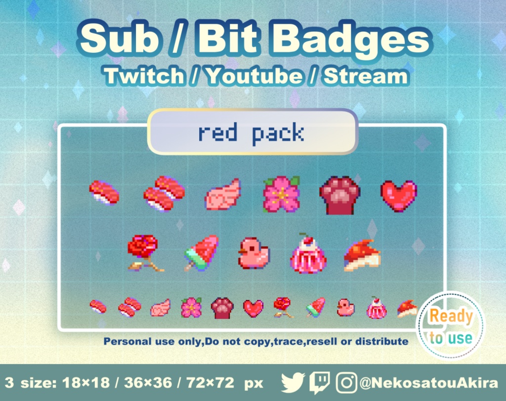 ★期間限定セール★ドット絵「赤パック」バッジ　Twitch Sub Badges x11 - Bit Badges / Pixel Art / Cute sub badges / Kawaii / Streamer