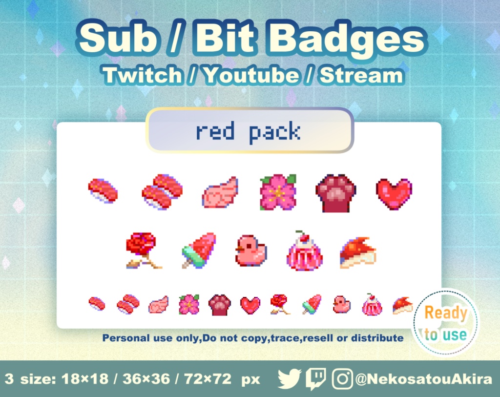 ★期間限定セール★ドット絵「赤パック」バッジ Twitch Sub Badges x11 - Bit Badges / Pixel Art / Cute sub badges / Kawaii / Streamer