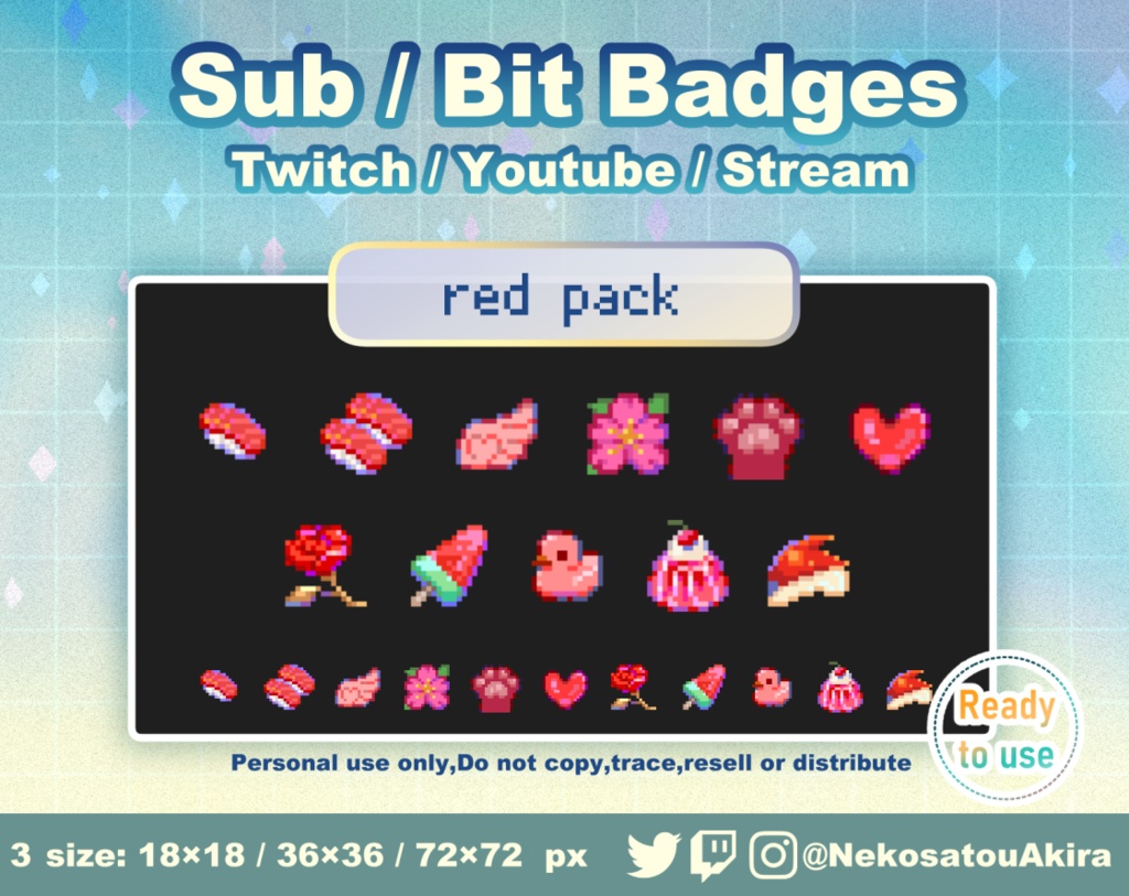 ★期間限定セール★ドット絵「赤パック」バッジ Twitch Sub Badges x11 - Bit Badges / Pixel Art / Cute sub badges / Kawaii / Streamer