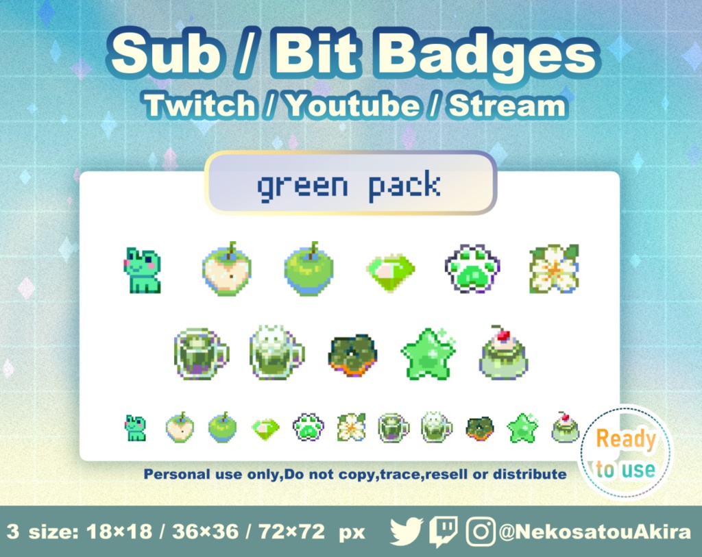 ★期間限定セール★ドット絵「みどりパック」バッジ Twitch Sub Badges x11 - Bit Badges / Pixel Art / Cute sub badges / Kawaii / Streamer