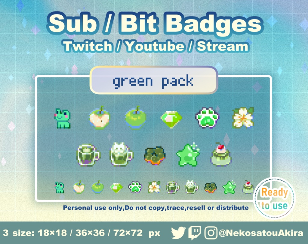 ★期間限定セール★ドット絵「みどりパック」バッジ　Twitch Sub Badges x11 - Bit Badges / Pixel Art / Cute sub badges / Kawaii / Streamer