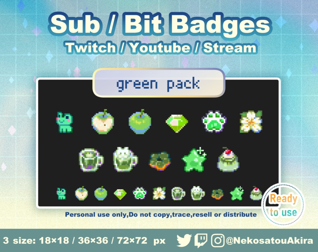 ★期間限定セール★ドット絵「みどりパック」バッジ Twitch Sub Badges x11 - Bit Badges / Pixel Art / Cute sub badges / Kawaii / Streamer