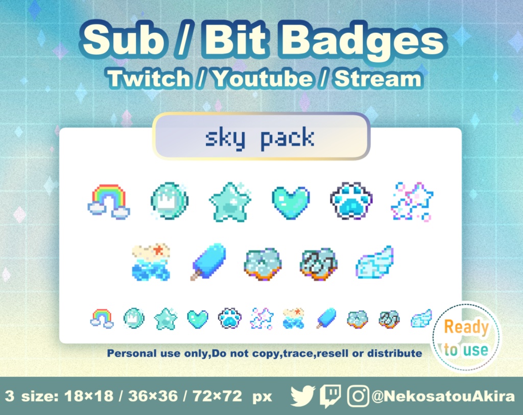 ★期間限定セール★ドット絵「水色パック」バッジ Twitch Sub Badges x11 - Bit Badges / Pixel Art / Cute sub badges / Kawaii / Streamer