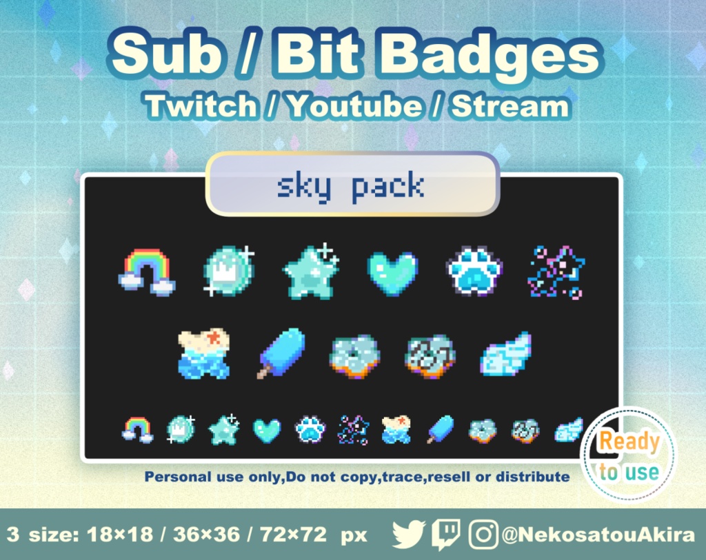 ★期間限定セール★ドット絵「水色パック」バッジ Twitch Sub Badges x11 - Bit Badges / Pixel Art / Cute sub badges / Kawaii / Streamer