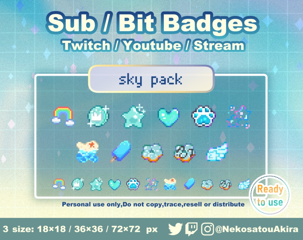 ★期間限定セール★ドット絵「水色パック」バッジ　Twitch Sub Badges x11 - Bit Badges / Pixel Art / Cute sub badges / Kawaii / Streamer