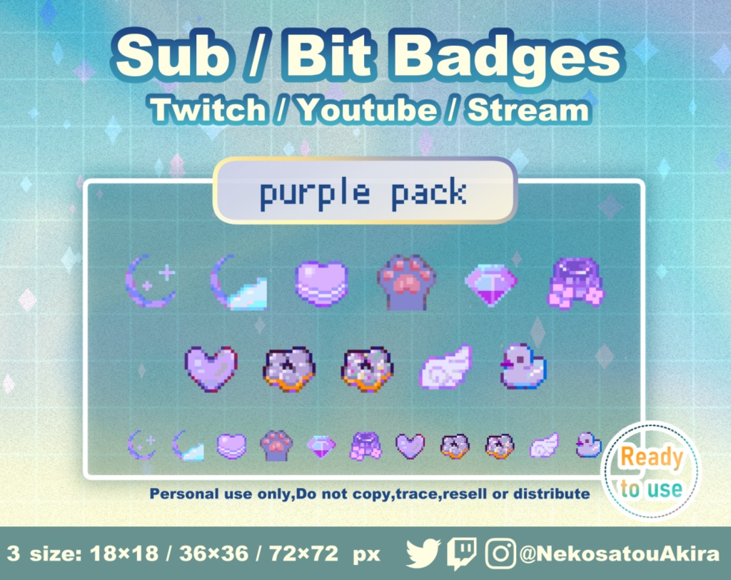 ★期間限定セール★ドット絵「紫パック」バッジ　Twitch Sub Badges x11 - Bit Badges / Pixel Art / Cute sub badges / Kawaii / Streamer