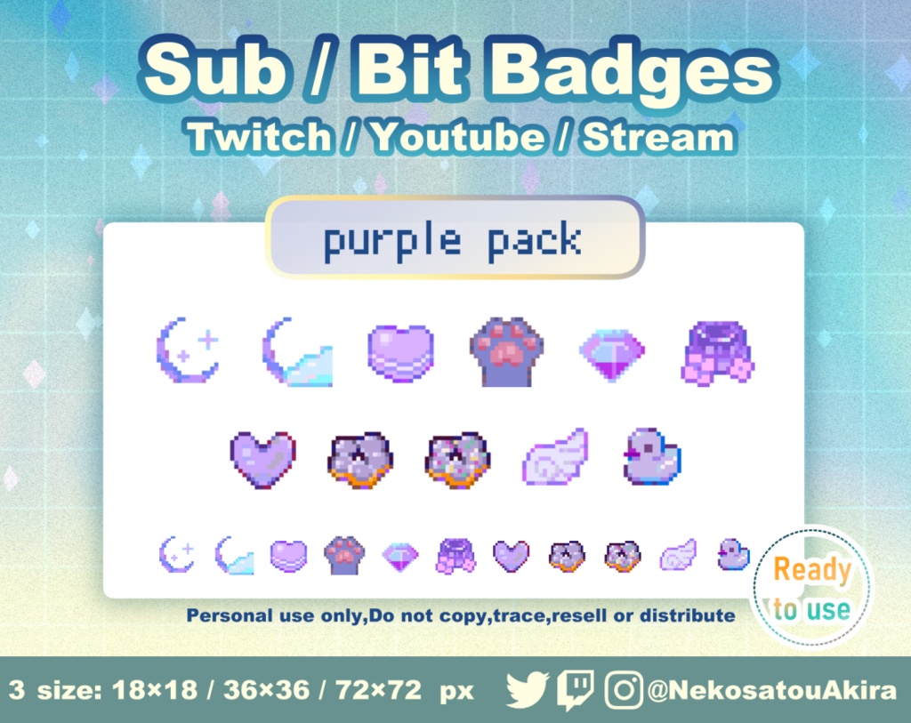 ★期間限定セール★ドット絵「紫パック」バッジ Twitch Sub Badges x11 - Bit Badges / Pixel Art / Cute sub badges / Kawaii / Streamer