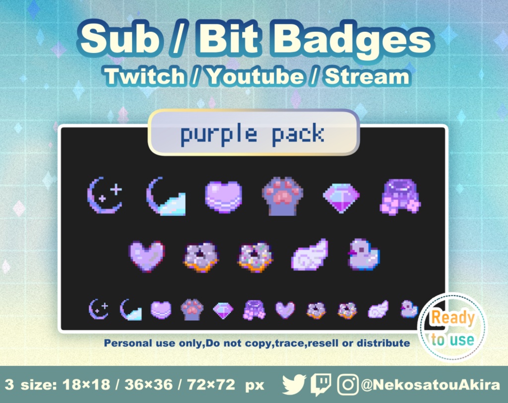 ★期間限定セール★ドット絵「紫パック」バッジ Twitch Sub Badges x11 - Bit Badges / Pixel Art / Cute sub badges / Kawaii / Streamer
