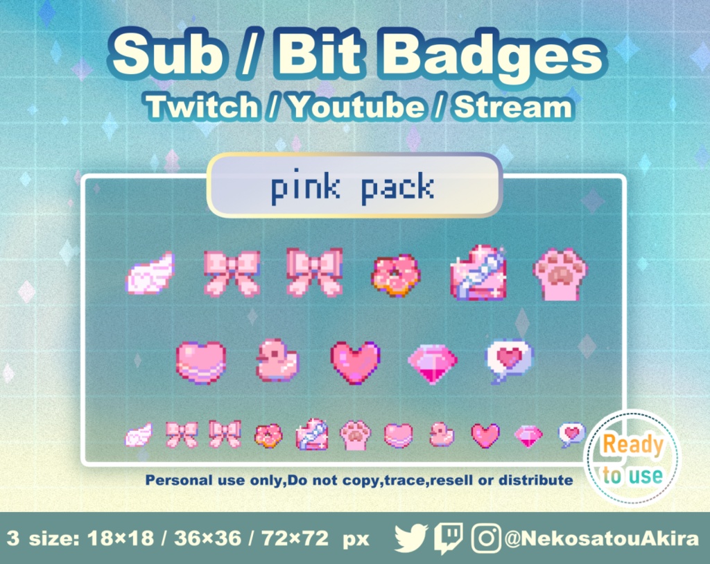 ★期間限定セール★ドット絵「ピンクパック」バッジ　Twitch Sub Badges x11 - Bit Badges / Pixel Art / Cute sub badges / Kawaii / Streamer