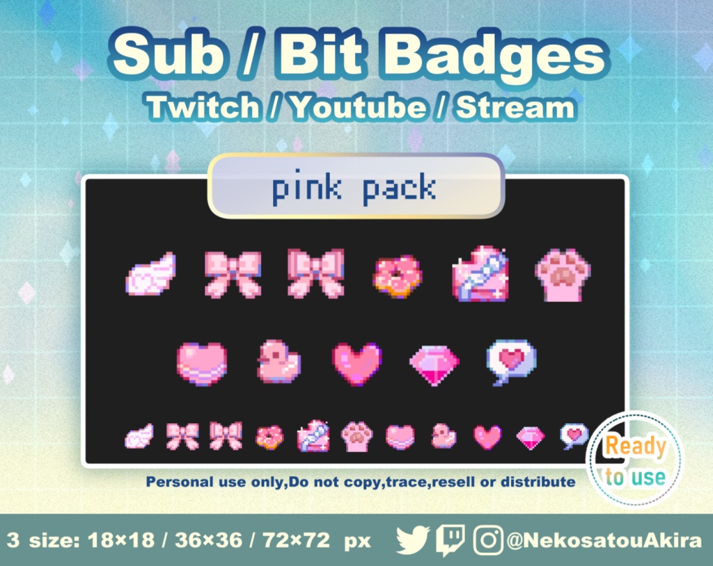 ★期間限定セール★ドット絵「ピンクパック」バッジ Twitch Sub Badges x11 - Bit Badges / Pixel Art / Cute sub badges / Kawaii / Streamer
