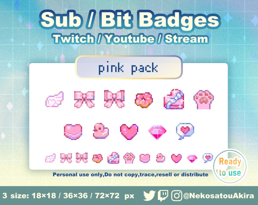 ★期間限定セール★ドット絵「ピンクパック」バッジ Twitch Sub Badges x11 - Bit Badges / Pixel Art / Cute sub badges / Kawaii / Streamer