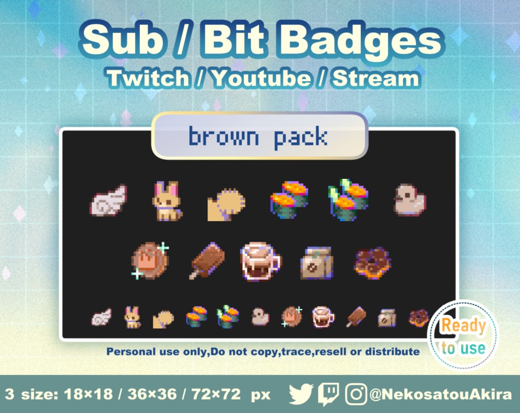 ★期間限定セール★ドット絵「茶色パック」バッジ Twitch Sub Badges x11 - Bit Badges / Pixel Art / Cute sub badges / Kawaii / Streamer