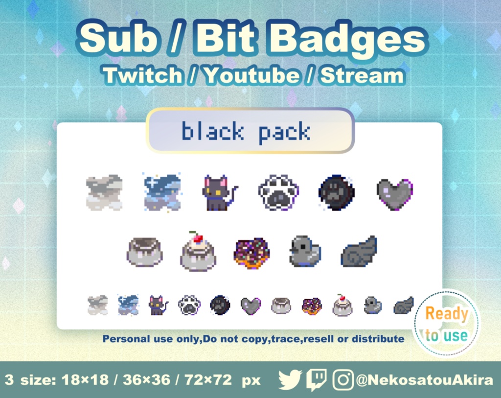 ★期間限定セール★ドット絵「黒パック」バッジ Twitch Sub Badges x11 - Bit Badges / Pixel Art / Cute sub badges / Kawaii / Streamer