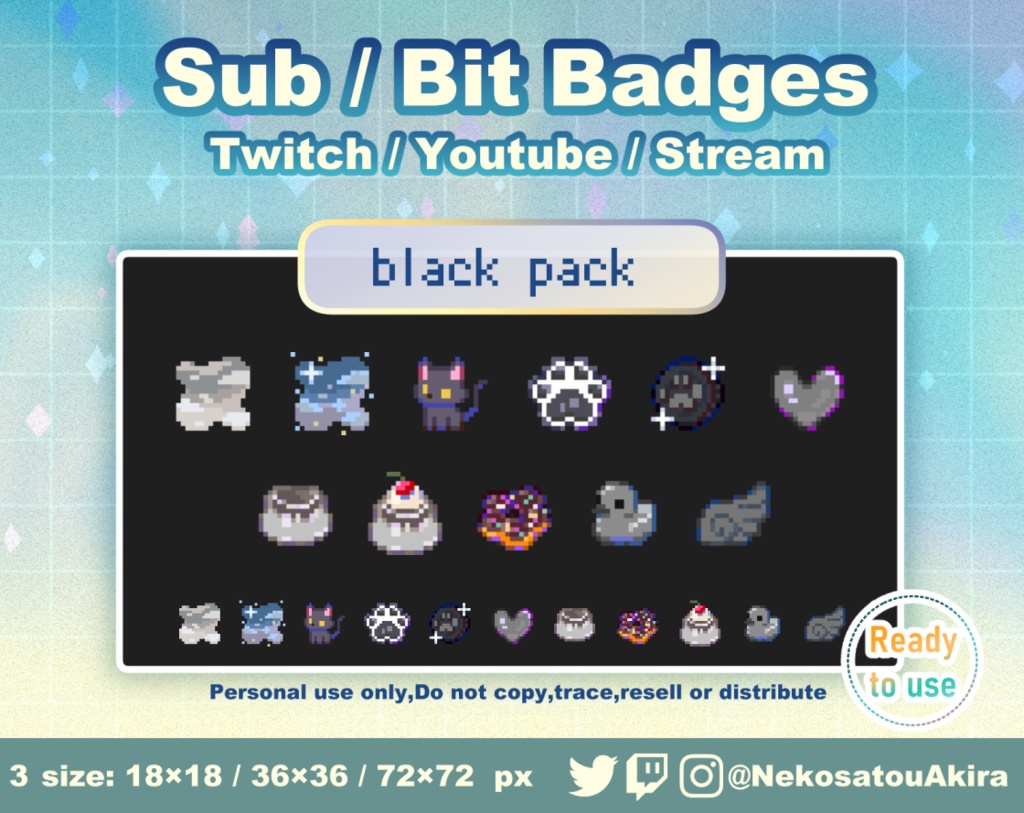 ★期間限定セール★ドット絵「黒パック」バッジ Twitch Sub Badges x11 - Bit Badges / Pixel Art / Cute sub badges / Kawaii / Streamer