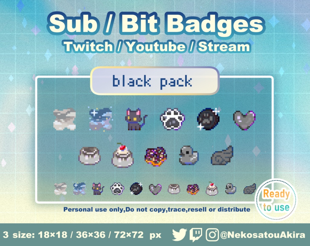 ★期間限定セール★ドット絵「黒パック」バッジ　Twitch Sub Badges x11 - Bit Badges / Pixel Art / Cute sub badges / Kawaii / Streamer