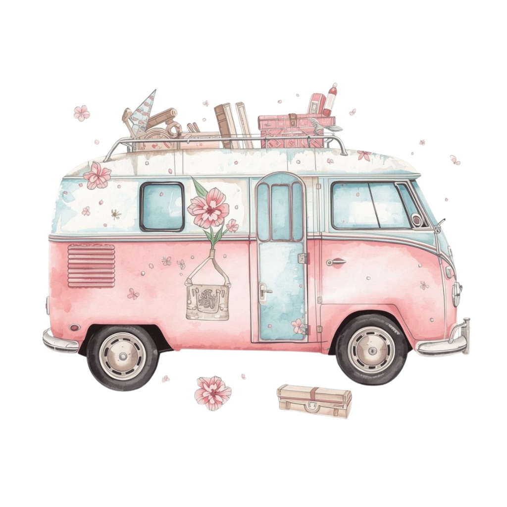 【旅行シリーズ】水彩画風 ピンクと水色の旅行モチーフ クリップアート 12点セット (PNG背景透過)