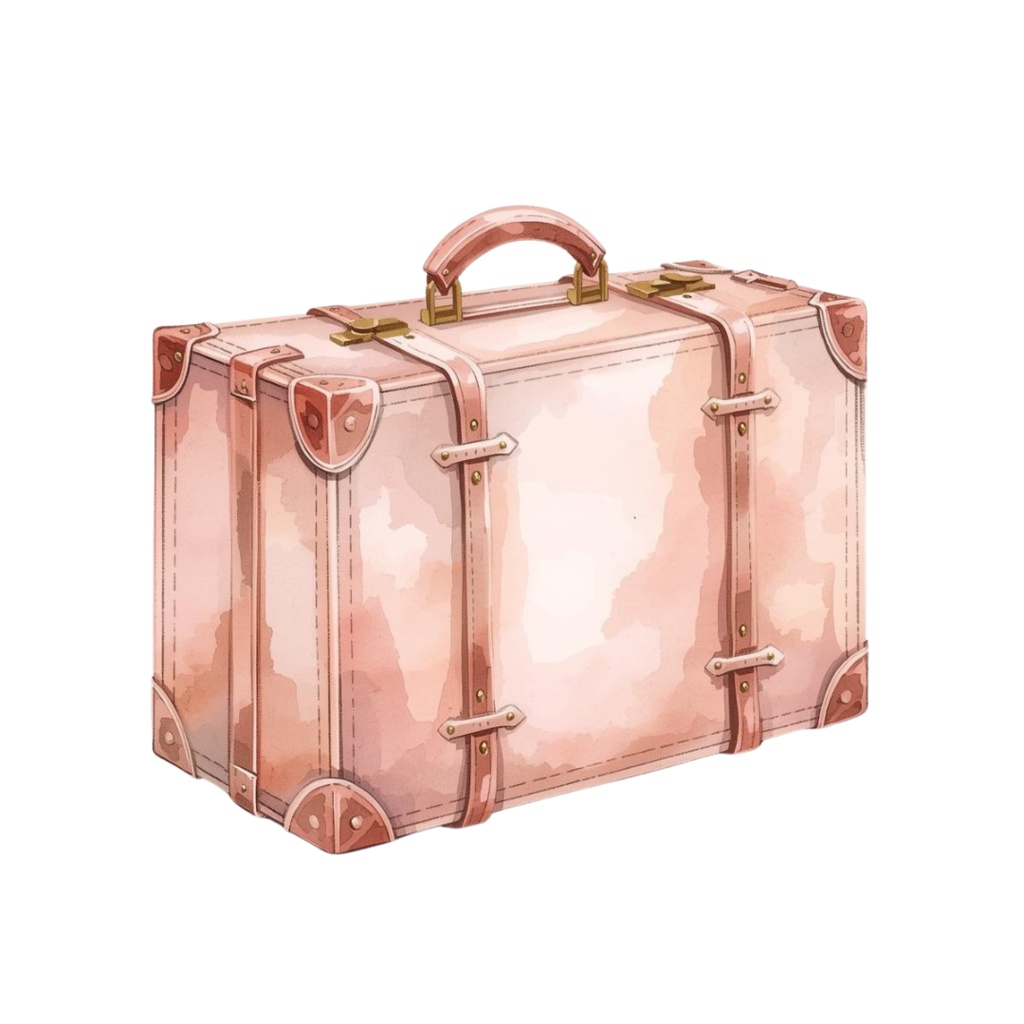 【旅行シリーズ】水彩画風 ピンクと水色の旅行モチーフ クリップアート 12点セット (PNG背景透過)