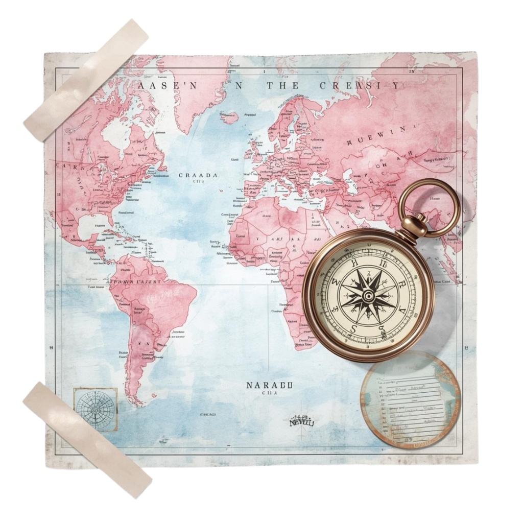 【旅行シリーズ】水彩画風 ピンクと水色の旅行モチーフ クリップアート 12点セット (PNG背景透過)