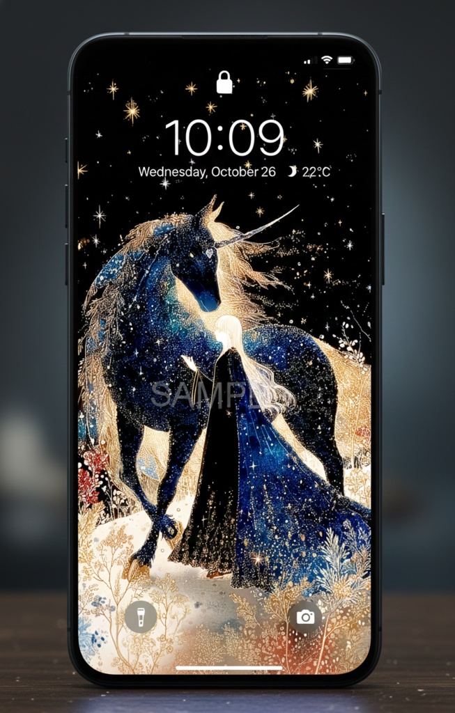星が降る夜の一角獣 ― 聖なる静けさ(スマホ壁紙)