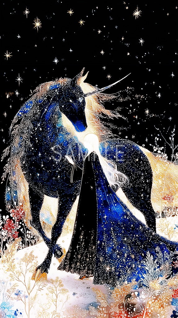 星が降る夜の一角獣 ― 聖なる静けさ(スマホ壁紙)
